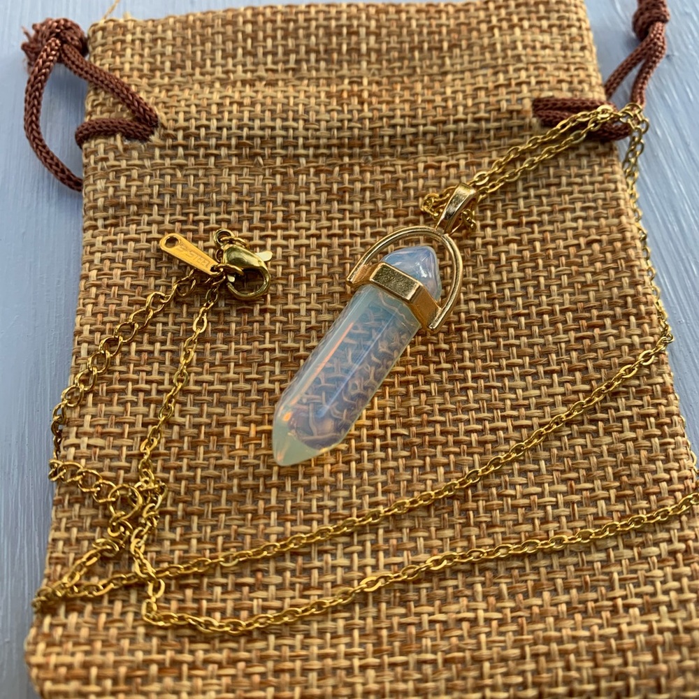 Gold plated Opalite Crystal Point with gold plated Stainless Steel Chain